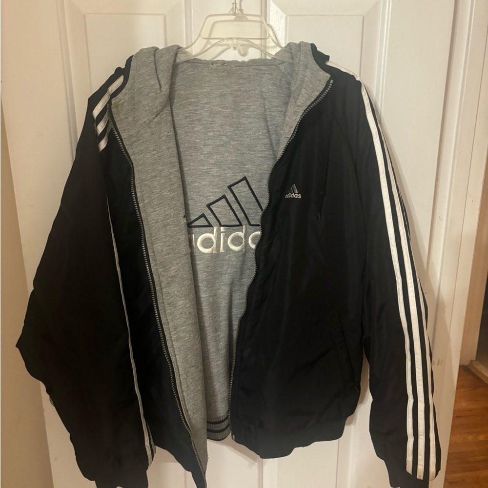 Adidas Reversible Black and Gray Hoodie Jacket- Mens Large